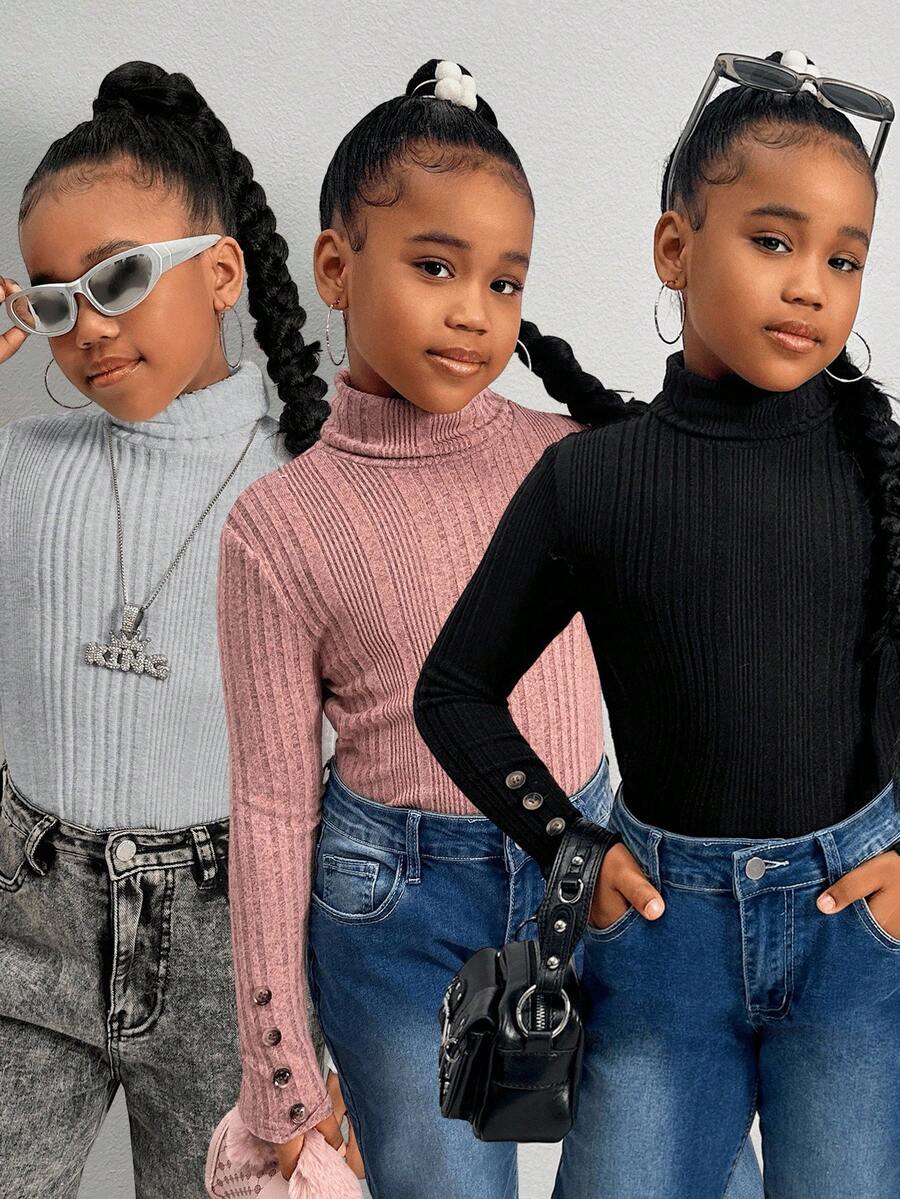 SHEIN SLAYR Tween Girl Tween Girls Brand Promotion - High Neck Ribbed Long Sleeve Knit Top With Buttons 3 Pice Fall Winter - Light Grey - View 1