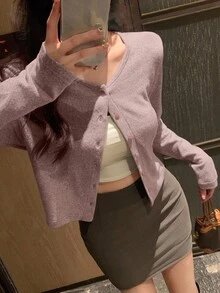 DAZY 女士休闲纯色圆领长袖宽松开襟T恤，秋季服装 - 粉色 - 查看 4