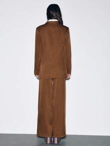 SHEIN Luminelle 女士秋季金属纽扣垫肩棉质休闲长款西装外套和裤子套装 - 鏽棕色 - 查看 2