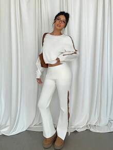 SHEIN EZwear Pantalones largos de punto con diseño calado y hebilla metálica para mujer en otoño/invierno - Blanco - Ver 6