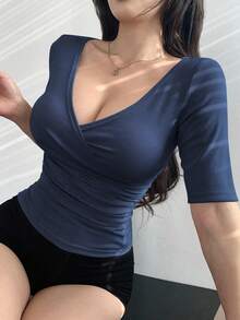 DAZY Fitted & Sexy V-Neck Women's T-Shirt, Spring/Summer - Navy Blue - View 5