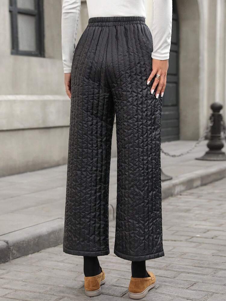 Pantalon droit décontracté matelassé et chaud à taille élastique avec poches, couleur unie pour femmes