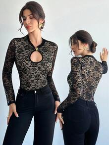Firerie Women's V-Neck Black Lace Long Sleeve Bodysuit,Beige,Summer,Elegant,Night Out Party Cocktail Office Wear,Vacation Boho Music Festival Wedding - Black - View 3