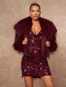 Lumalex 秋冬亮片流苏露背吊带迷你连衣裙，女士亮片连衣裙，鸡尾酒会礼服，复古女郎连衣裙，羽毛连衣裙，ANCORA酒红色伴娘礼服，酒红色连衣裙，露肩正式礼服，优雅连衣裙，淡紫色正式礼服，魅力优雅连衣裙，秋季新款女士奢华舞会聚会宴会礼服，低调奢华闪耀的节日派对狂欢节郊游度假热门户外层叠婚礼季宴会万圣节身份证古尔邦节派对新年派对造型珠光装饰，女士派对礼服 - 酒紅色 - 查看 4