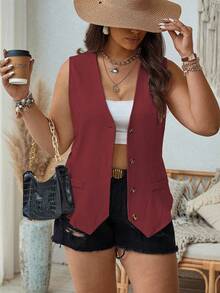 EMERY ROSE Plus Size Women's Solid Color Single-Breasted Casual Lightweight Vest - Burgundy - View 1