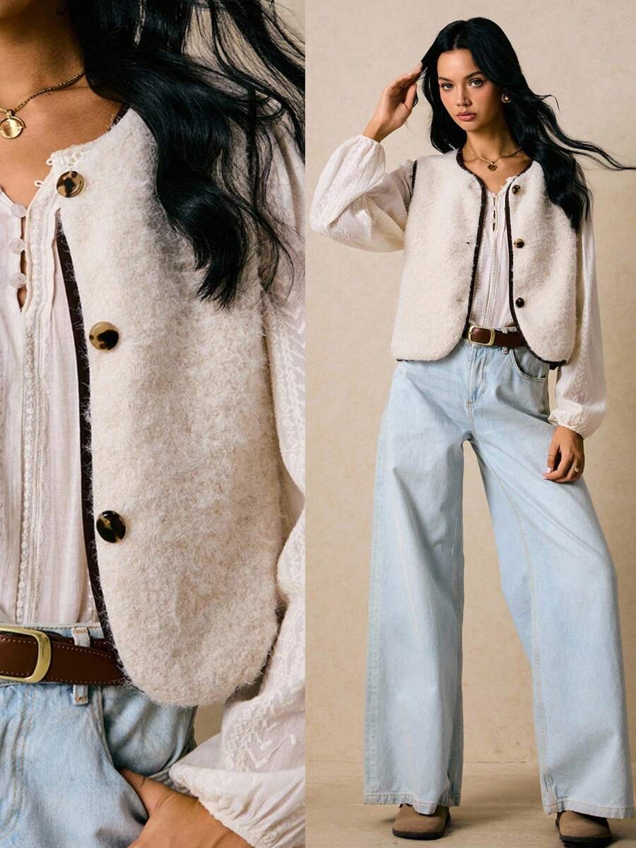 Poéselle Chaleco casual de mujer con solapa de un solo abotonado