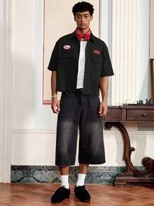 SWAVVY 男士休闲字母刺绣实用短袖衬衫，夏季 - 黑色 - 查看 2