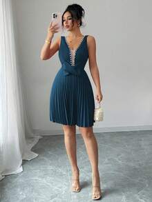 Elenzga 无袖V领珍珠装饰蝴蝶结腰褶优雅浪漫女士连衣裙 - 水鴨藍 - 查看 6