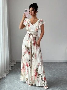 Selianne Mono elegante con cuello en V con volante, cintura plisada, pierna ancha, para vacaciones y resort - Multicolor - Ver 1