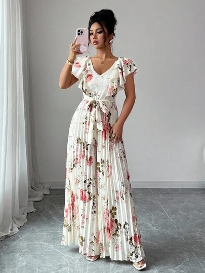 Selianne Mono elegante con cuello en V con volante, cintura plisada, pierna ancha, para vacaciones y resort