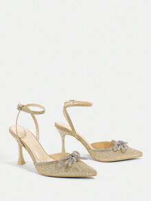 CUCCOO TILAWA Gold Glitter Rhinestone Bow Decor Strap Hollow Out Fashionable Sexy Gold Color High Heels - Gold - View 4