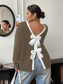 Elenzga Suéter informal de cuello redondo con lazo para mujer de talla grande, otoño/invierno