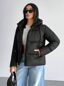 HOOD DRAWSTRING METALLICAL ZIP BODY POCKET PUFFER WINTERCOAT - Black - View 8