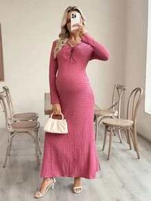 SHEIN Maternity Solid Lace Trim V-Neck Tie Front Long Sleeve Dress, Textured Fabric, Spring/Autumn - Watermelon Pink - View 7