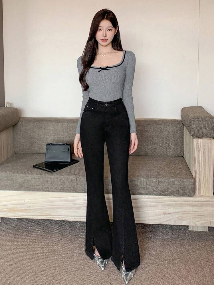 Solid Color Slit Flared Elegant Jeans