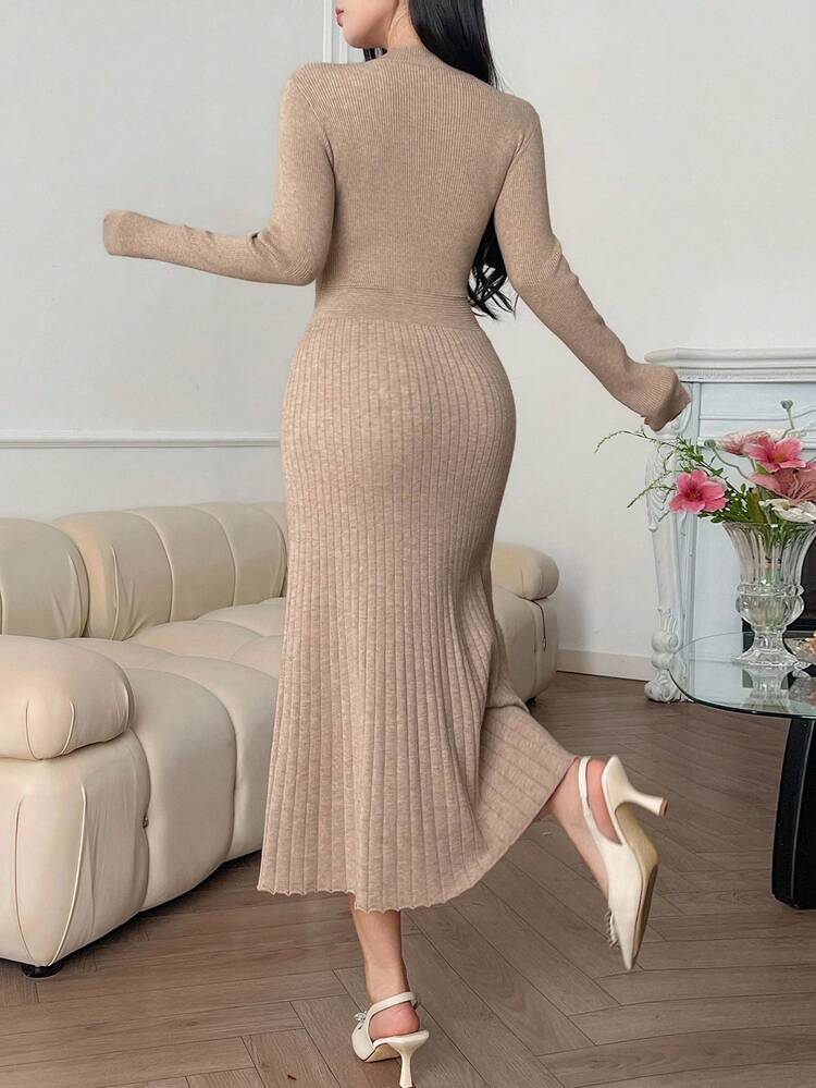 French Elegant Waist Cinched Midi Dress, Suitable As Layering Piece Under Coats In Autumn/Winter Sweater Dress