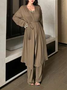 DAZY 三件套家居服：浪漫3D立体花卉装饰不对称下摆抹胸上衣、宽松长款系带睡袍和长裤家居服套装，秋冬睡衣，舒适休闲装 - 卡其色 - 查看 7