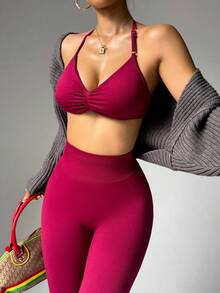 Dewbera Women's Halter Backless Bodycon Binding Leg 2 Pieces Activewear Set Workout Sets - Burgundy - View 4