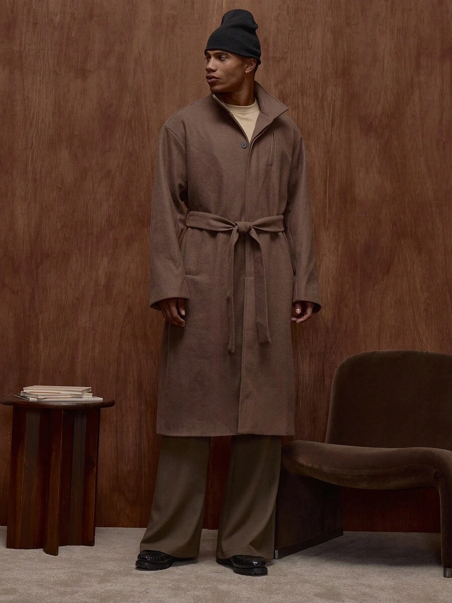 Musero Jacke mit hohem Kragen, langem Schnitt, tiefsitzenden Schultern, Langarm, Stoffgürtel, Fronttaschen, intelligenter Stil, verdeckter Knopfleiste, Mantel für Herbst/Winter