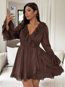 Vionelle 大码女式优雅法式浪漫西西里雪纺交叉裹身系带荷叶边袖下摆长款短款连衣裙，适合休闲、通勤、度假、下午茶、派对 - 棕色 - 查看 4