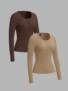 SHEIN EZwear 2 件棕色和卡其色针织部分拉链长袖 T 恤，适合秋冬季 - 彩色 - 查看 3
