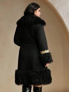 Anewsta Manteau en laine mélangée vintage brodé de ruban moelleux pour femmes grandes tailles, automne/hiver. Élégant, chic, , convient pour Noël, sortie