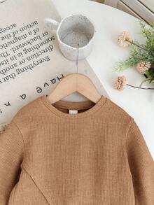 SHEIN 2pcs Babygirl Casual Knit Khaki Long Sleeve Top And Elastic Waist Pants Set, Autumn/Winter Toddler Set Brown Baby Outfit Baby Set Autumn Winter Baby Clothes Set Mocha Baby Set - Khaki - View 6