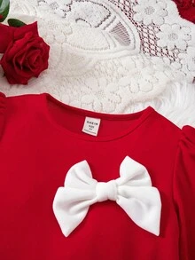 SHEIN 年轻女孩优雅可爱红色针织蝴蝶结长袖连衣裙 - 紅色 - 查看 3