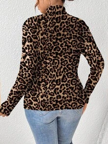 EMERY ROSE 2 piezas Camiseta de manga larga con cuello alto de talla grande, estilo minimalista casual con estampado de leopardo y unicolor, para otoño/invierno - Multicolor - Ver 8