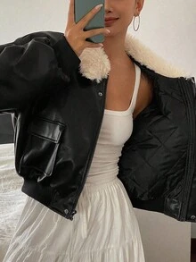 DAZY Damen Gepolsterter Mantel, PU Patchwork Oversized Flauschiger Kragen, Locker Sitzender Kurzer Stil, Thermisch Gefüttert, Verdickt, Motorrad Pilotenjacke Mit Fellkragen, Süß & Cool, Herbst/Winter