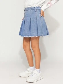 Radiana Tween Girls的y2k款實色褶皺生邊牛仔短裙,適合春夏波西米亞搭配 - 淺色水洗藍 - 查看 5