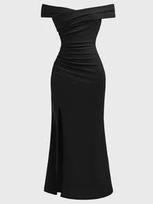 SHEIN Girlism Teen Girl Elegant Solid Color Off-Shoulder Ruffle Fitted High Slit Fishtail Hem Dress, Summer Elegant Dress Evening Wear Long Black Dress Classy Dress Black Dress Elegant Black Dresses Classy Elegant Fall Winter - Black - View 4