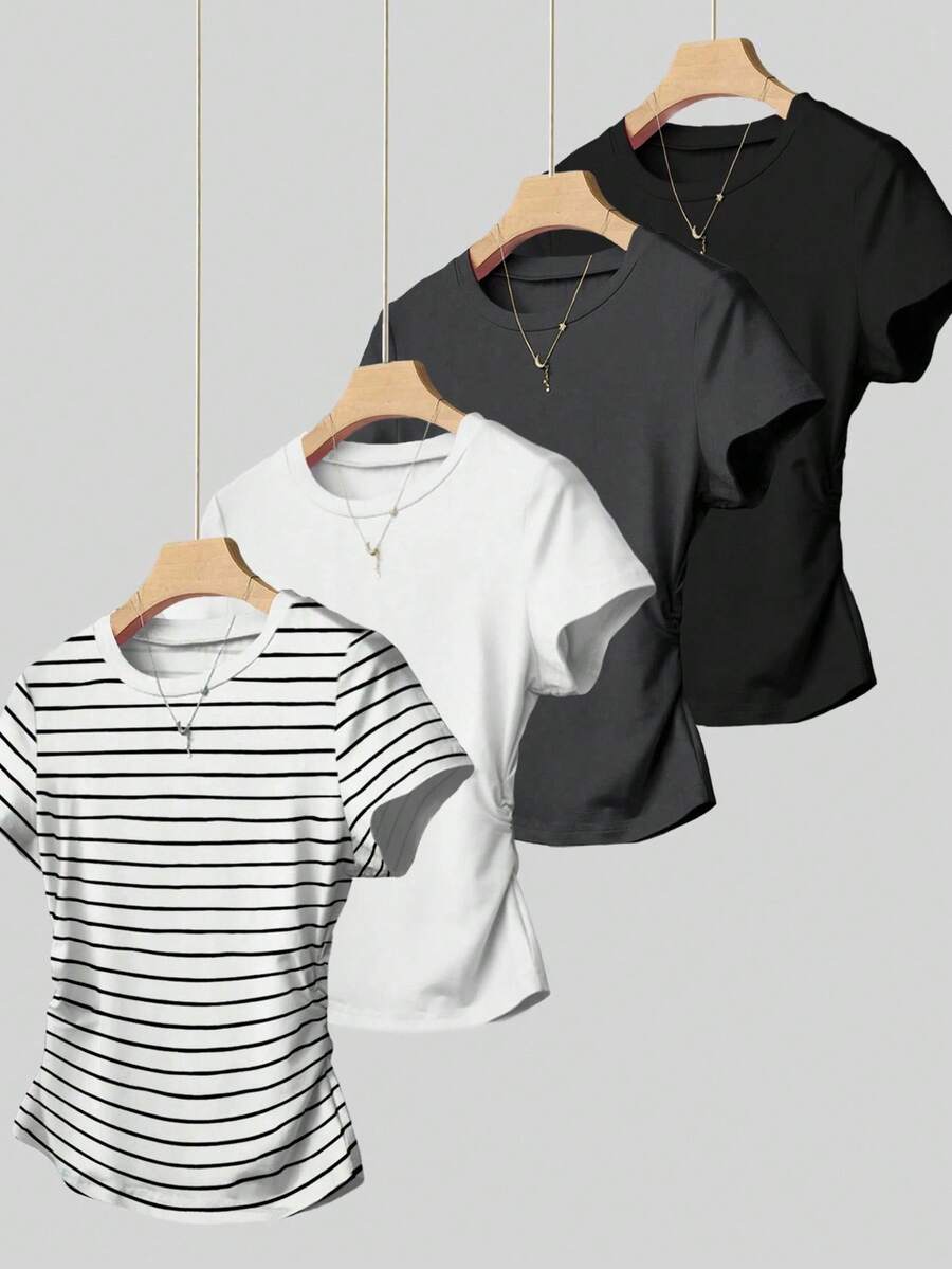 女士休闲褶饰腰部T恤，夏季百搭 - 黑色 - 查看 1