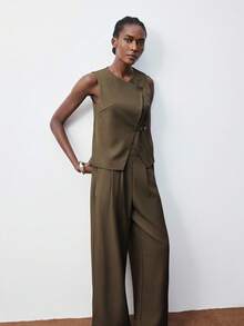 Maija 2件套女士休闲无袖上衣和阔腿裤套装 - 棕色 - 查看 5