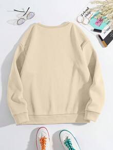 SHEIN Women Plus Size Heart & Letter Print Crew Neck Long Sleeve Sweatshirt - Apricot - View 2