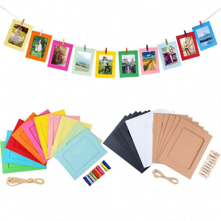 1 Set/21 Pcs Paper Photo Frame, 10pcs Kraft Hanging Picture Frames Display For 4x6in Photo, Cardboard Photo Frames 10 Clothespins With 1 Rope For Birthday, Wedding, Engagement,Anniversary, Valentine's Day And Graduation Party Decor