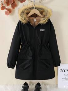 Tween 女童休闲街头装保暖保暖内衬收腰宽松中长连帽夹克外套 - 黑色 - 查看 5