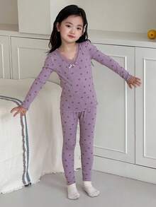 DAZY Young Girl Ditsy Floral Contrast Lace Long Sleeve Top And Pants Pajama Set Vacation - Purple - View 3