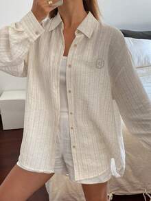 Livesso Casual Vintage Coin Loose Striped Long Sleeve Women Shirt, Spring/Summer - Apricot - View 1