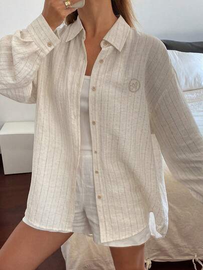 Livesso 休闲复古硬币宽松条纹长袖女式衬衫，春夏