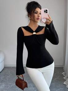 Selianne Áo thun nữ dáng ôm khoét lỗ màu trơn thanh lịch dành cho người đi làm - màu đen - Xem 3