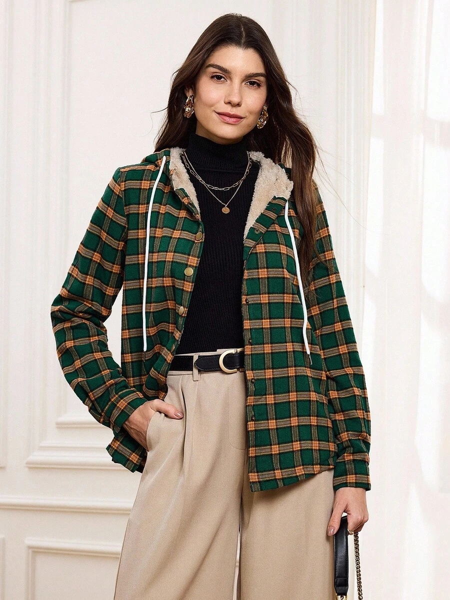 Miaspire Plaid Print Teddy Lined Snap Button Drawstring Hooded Coat - Dark Green - View 1