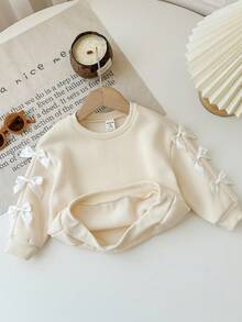Babygirl Cute Versatile Apricot Bow Long Sleeve Sweatshirt, Autumn/Winter Fall - Apricot - View 4