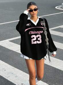 Muchica 女士休闲撞色 Polo 领长袖宽松 T 恤，适合秋冬季节、运动赛事，皇家蓝，球赛、篮球，23 号 Y2k 超大款球衣，韩版时尚球衣，Y2k 女款球衣，黑色上衣 - 黑色 - 查看 3