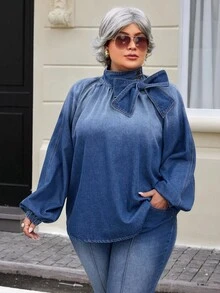 EMERY ROSE Plus Size Women's Fashion Bow Denim Blouse - Dark Wash - View 4