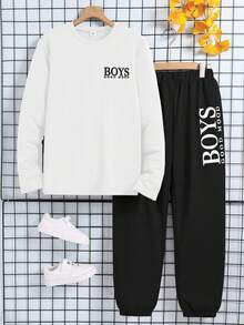 2件套青少年男孩圆领长袖时尚百搭上衣和休闲裤套装