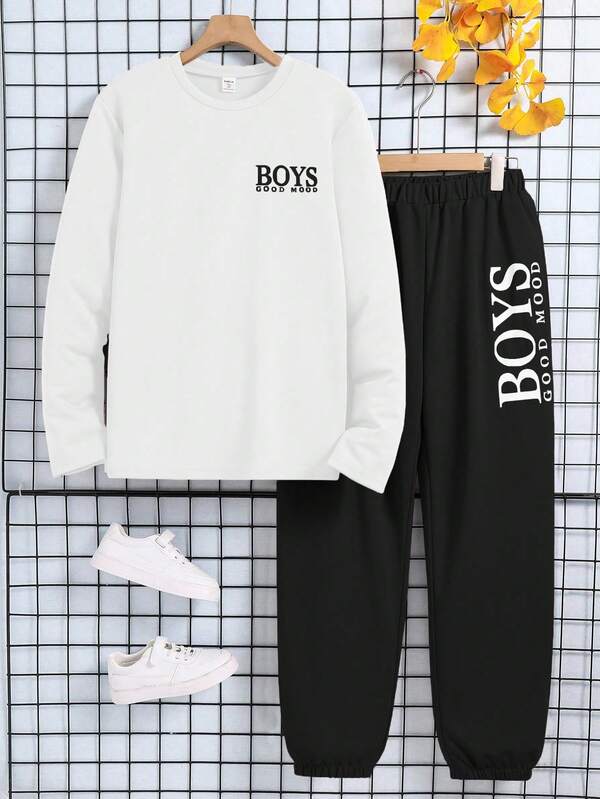 2pcs/Set Teen Boy Round Neck Long Sleeve Fashionable Versatile Top And Casual Pants Set Fall Winter