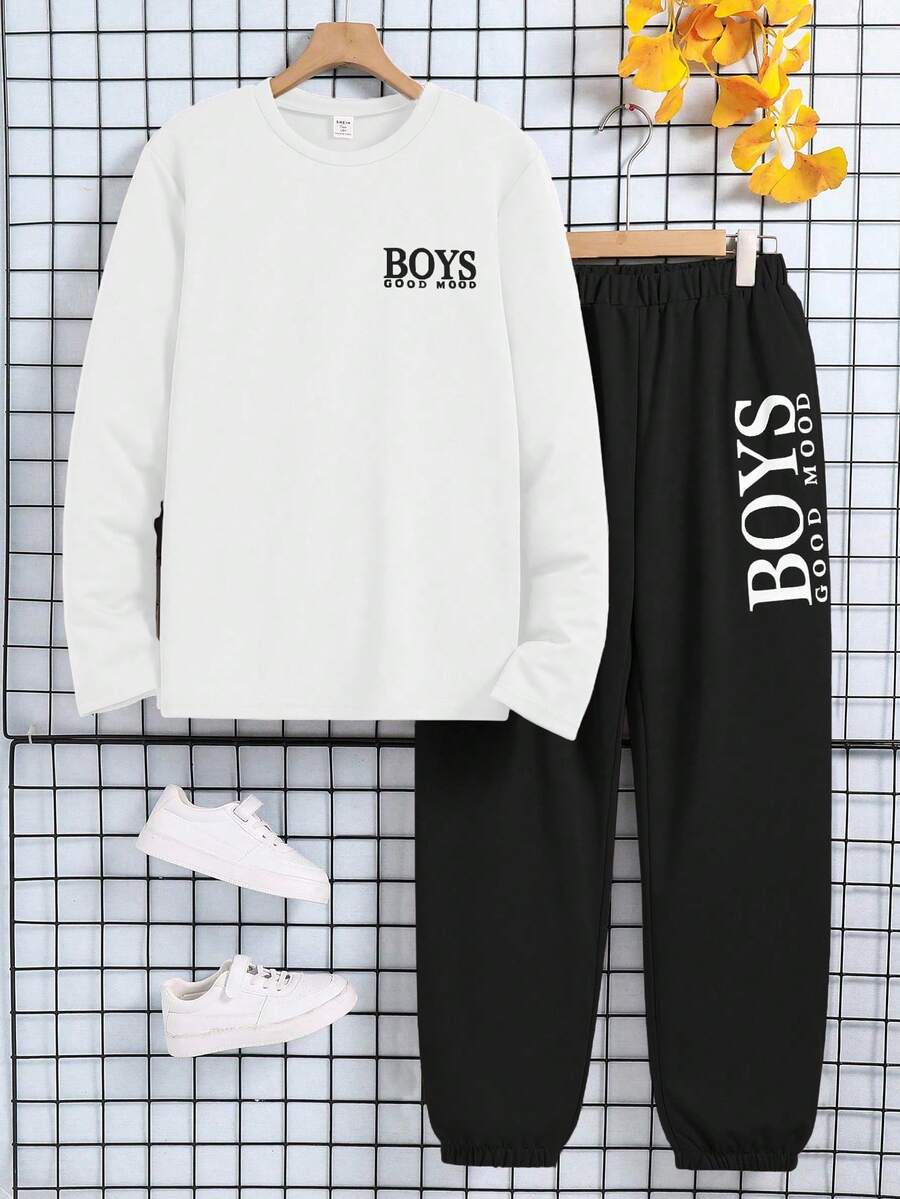 2件套青少年男孩圆领长袖时尚百搭上衣和休闲裤套装