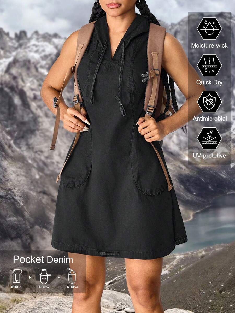SHEIN EZwear 女式牛仔徒步连衣裙 防晒轻便速干女式徒步服装 女式徒步户外裤 女式露营服装 女式轻便徒步裤 - 灰色 - 查看 1