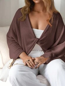 Auralis Plus Size Casual Solid Color Twist Batwing Sleeve Sweater In Fall/Winter